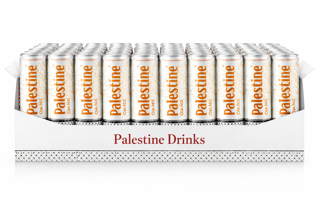 Caja de 24 latas de Palestine Orange - refresco de naranja Palestine Drinks